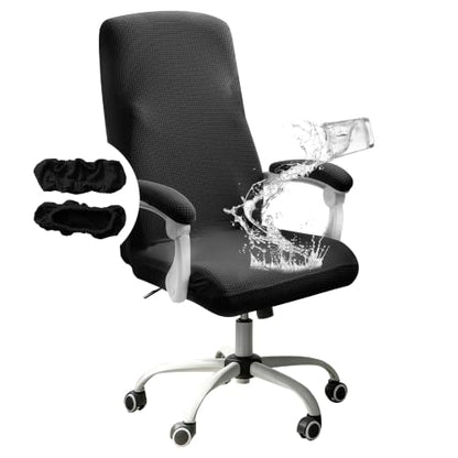 FORCHEER Water-Resistant Large Office Chair Cover with Armrest Covers Black Stretch Jacquard Computer Desk Chair Slipcover Non-Slip Cats/Dogs Proof Washable - color: Black, size: Office Chair Cover with Armrest Covers