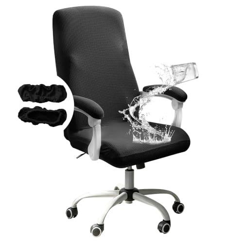 FORCHEER Water-Resistant Large Office Chair Cover with Armrest Covers Black Stretch Jacquard Computer Desk Chair Slipcover Non-Slip Cats/Dogs Proof Washable - color: Black, size: Office Chair Cover with Armrest Covers