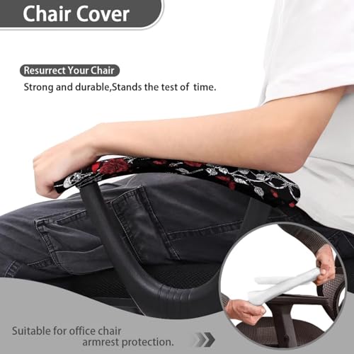 2 Pieces Office Chair Armrest Slipcovers Covers Skull Rose Butterfly Print Desk Chair Arm Covers with Elastic Edge, Home Decorations, Black - color: Black - Skull Rose Butterfly