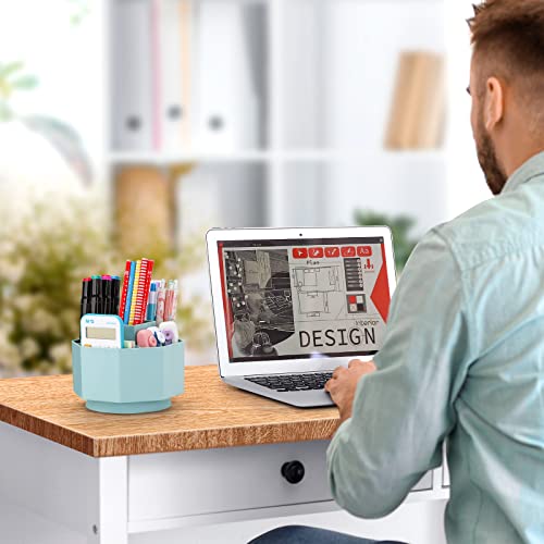 LETURE Desk Organizer, 360-Degree Rotating Pen Pencil Holder, 5 Compartments Desktop Stationary Organizer, Home Office Art Supply Storage Box Caddy (BLUE)