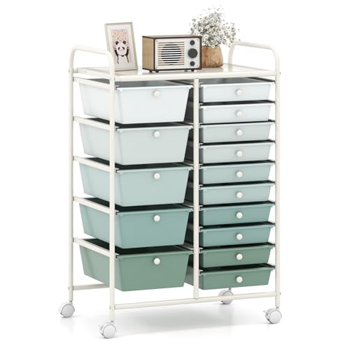 Giantex 15 Drawers Rolling Cart, Classroom Organizers, Storage Cart with Wheels, for Teacher Office Home School Supplies Tool Craft Art Paper, Green Gradient - color: Green Gradient, size: 15 Drawers (5 Big +10 Small)