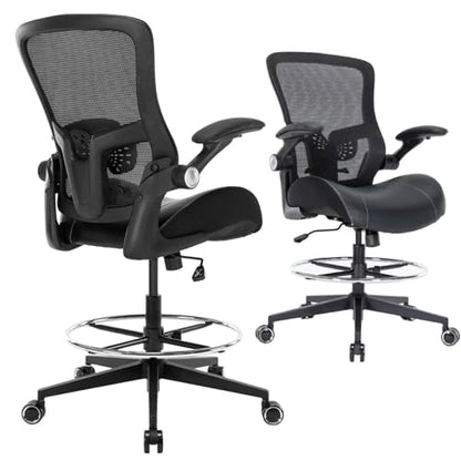 Drafting Chair, Tall Office Chair with PU Leather Seat, Standing Desk Chair Counter Height Office Chairs with 21.65'' Footrest Ring and Adjustable Lumbar Support Armrests Black