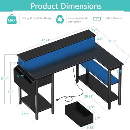 Lufeiya L Shaped Gaming Desk with Storage Shelves, 47 inch Home Office Desk with Monitor Stand, Computer Desk with LED Lights,Power Outlets and Fabric Drawers, Black - color: Black