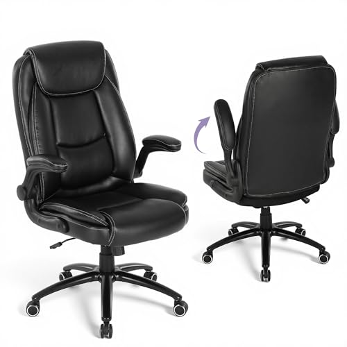300lbs Capacity Executive Desk Chair Set of 2 with Ergonomic Lumbar Support, Flip-up Arms & High Back Leather Computer Chair for Home/Office, Black - color: Black, size: Set of 2