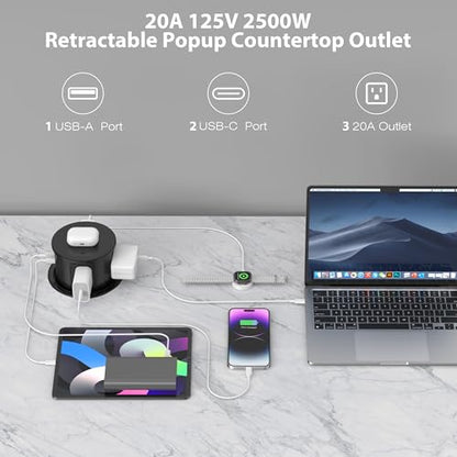 ANNQUAN 4.7" 20A GFCI Pop Up Outlet Wireless Charger 65W USB Black | Max 65W Power Delivery,4.75" Pop Up Electrical Outlet with 3 Outlets 3 USB Ports - color: Black, size: 20 Amp(GFCI)