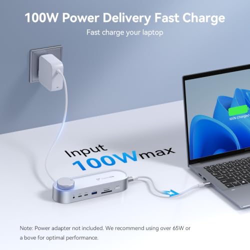 TobenONE USB C Laptop Docking Station Dual Monitor, 100W PD, 5×USB 10Gbps | 15-in-1 Dual HDMI 4K@60Hz, Volume Knob, 100W Charger, Ethernet Audio SD/TF for Dell/Lenovo/HP/Windows(No Power Adapter)