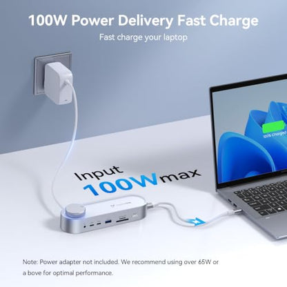 TobenONE USB C Laptop Docking Station Dual Monitor, 100W PD, 5×USB 10Gbps | 15-in-1 Dual HDMI 4K@60Hz, Volume Knob, 100W Charger, Ethernet Audio SD/TF for Dell/Lenovo/HP/Windows(No Power Adapter)