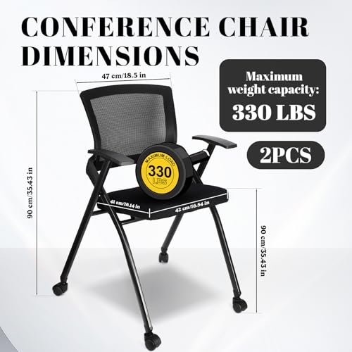 AceOrbit 2 Pcs Foldable Office Chair with PU Wheels Lumbar Support, Armrest, Thick Breathable Mesh Seat Chair for Office Meeting, Conference, Training Room, Black