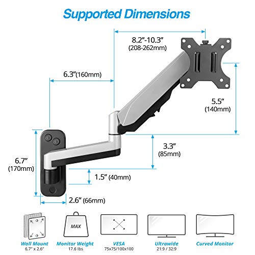 AVLT Single Extended Monitor Wall Mount for 13-32" Screens - Silver | Supports flat/curved/ultrawide screens up to 19.8 lbs. Smooth gas spring control, VESA 75x75/100x100 and clean cable routing - color: Single Extended