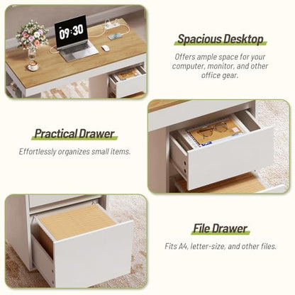 55'' Modern Executive Desk with Drawers, Wooden Computer Desk with File Drawer and Charging Station, 3-Tier Open Side Shelf for Home Office and Living Room, Natural and White