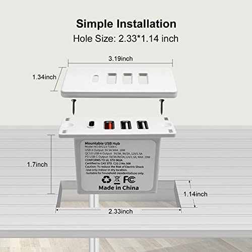 Powered USB C Hub Socket Recessed USB C Power Strip Outlet with Fast Charge 4 USB Ports 20W Mounted into Bed Desk Table Sofa (White) - color: White
