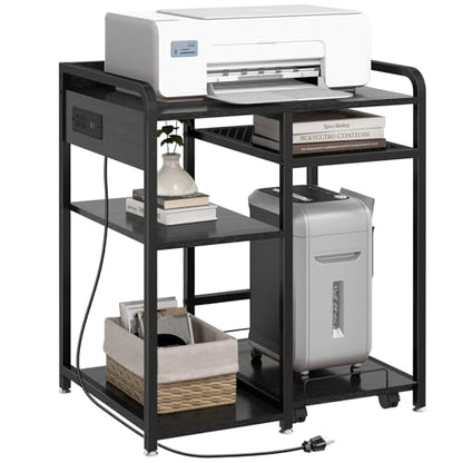 3-Tier Printer Stand with Storage Shelf and Power Outlet for Home Office - color: Black