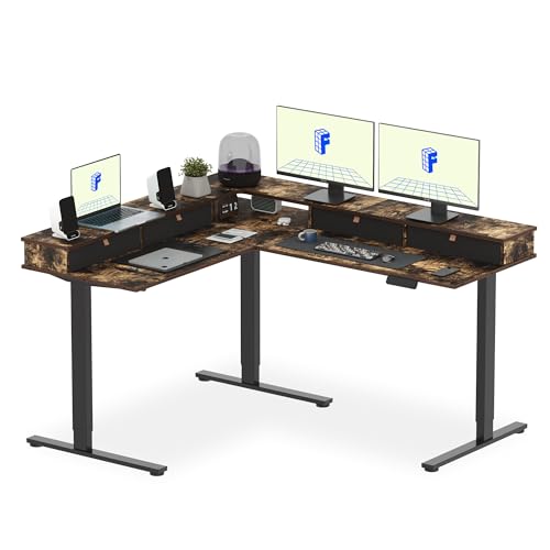 FLEXISPOT Reversible L-Shaped Corner Standing Desk with Monitor Shelf | 63x55", Rustic Brown,4 Storage Drawers, Height Adjustable, Anti-Collision, Memory Presets, Sit Stand Desk for Office & Gaming - size: 63x55"丨Rustic Brown