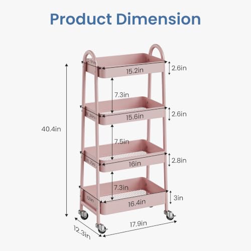 DUMOS 4 Tiers Rolling Utility Cart, Storage Organizer, Shelving Unit | Metal, Lockable Wheels, Mobile, Kitchen, Bathroom, Laundry, Narrow Places, Pink - color: 4-tier Cute Pink