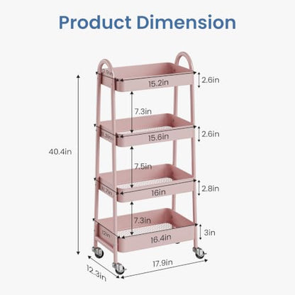 DUMOS 4 Tiers Rolling Utility Cart, Storage Organizer, Shelving Unit | Metal, Lockable Wheels, Mobile, Kitchen, Bathroom, Laundry, Narrow Places, Pink - color: 4-tier Cute Pink