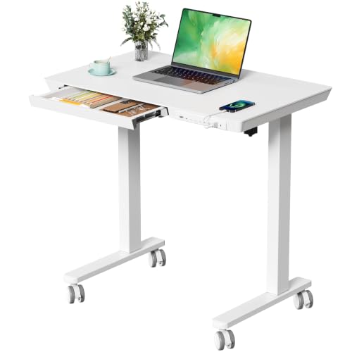32" Electric Standing Desk with Drawer, Rolling Laptop Desk - color: White Wood-top, size: 32"