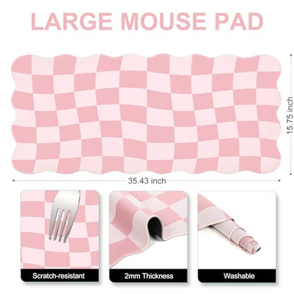 L-SPOUTTO Pink Mouse Pad,Geometric Desk Mat XXL Large Scalloped Gaming Mousepad,35.4x15.7in Non-Slip Rubber Base Keyboard Pad Waterproof Desktop Mat for Laptop Computer Game Home Office-Checkered - color: Pink Checkered