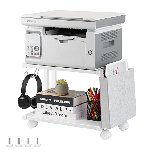 Printer Stand Under Desk Printer Table with Wheels 2 Tier Small Printer Cart with Storage Bag Desktop White Printer Stands for Home Office Fax Machine Scanner Files (White) - color: White