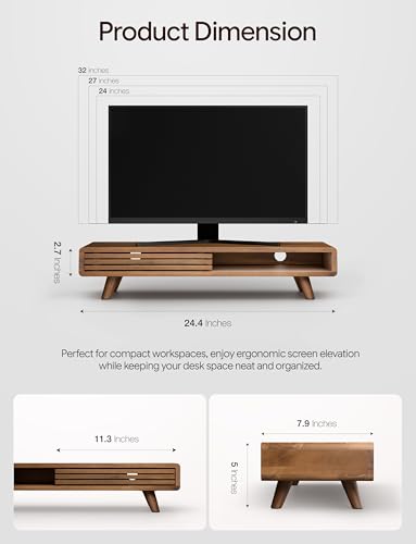 Tinamo 24" Wood Monitor Stand Riser with Sliding Door and Cable Management
