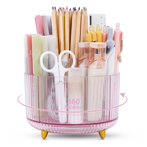 SKYDUE Rotating Pencil Pen Holder, Pen Organizer with 5 Slots - Aesthetic Desk Organizer and Accessories for School, Home, Office Supplies - color: Clear Pink