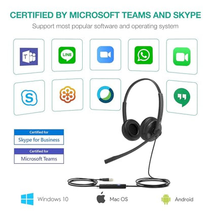 Yealink UH34 Wired Headset,USB-A,Noise Canceling Mic,in-Line Control,On-Ear - color: Dual-Ear (Leather Earpads), size: USB-A (1 Pack)