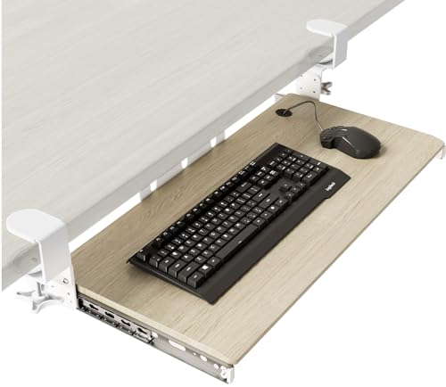 Keyboard Tray Under Desk Pull Out with Extra Sturdy C Clamp Mount System, 27.3 (32.5 inch Including Clamps) x 11 Inch Slide-Out Platform Computer Drawer for Typing Grain - color: Oak, size: 32.5"x 11”Keyboard Tray