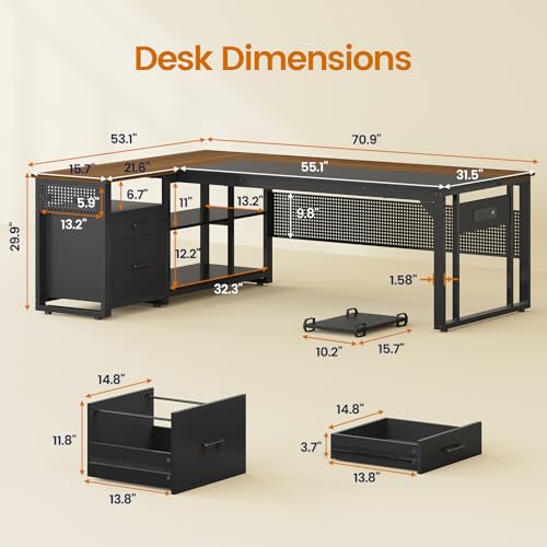 UPOSOJA 71" L Shaped Executive Desk, Office Desk with Storage Drawers - color: Walnut, size: 2 Drawers