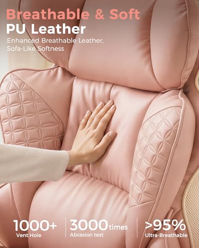 COMHOMA Big and Tall Office Chair Heavy Duty Gaming Chair with Deluxe Embossing Leather High Back Wider Ergonomic Computer Chair with Foot Rest 145°Reclining Pocket Spring Lumbar Support - color: Rose Pink