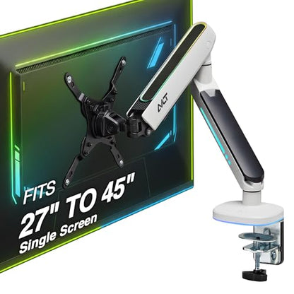 AVLT Single 27”-45” RGB Gaming Monitor Arm Desk Mount - White | 20 Lighting Modes Touch Button Control Fits Flat/Curved/Ultrawide Screens Height Swivel Tilt Rotation Adjustable Stand - color: White - Single