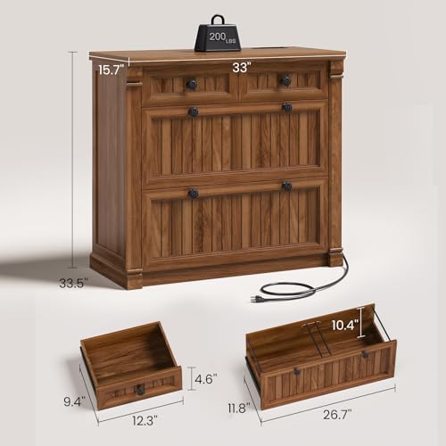 SEDETA 4 Drawers File Cabinet, 33" Farmhouse Filing Cabinets for Home Office fit Legal/Letter/A4 File, Wood Office File Cabinet with Power Outlets, Printer Stand with Storage, Brown - color: Brown