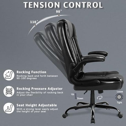 LEMBERI Flip-up Arms Office Desk Chair Big and Tall Managerial Executive Chair, High Back Computer Chair Ergonomic Adjustable Height PU Leather Chairs with Armrest for Long Time Sitting - color: New Black