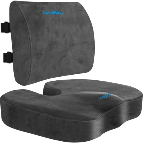 CloudBliss Ergonomic Seat Cushion & Lumbar Support Pillow Set, Grey, XL | Back Pain & Sciatica Relief, Memory Foam Support, Adjustable Straps, Machine Washable Velvet, Perfect for Office, Car, Gaming - color: Grey, size: X-Large