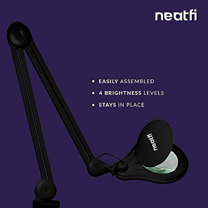 Neatfi LED Magnifying Lamp 1,200 Lumens with Clamp – 5” 5-Diopter Glass Lens, Dimmable Task Light | Adjustable Arm | Reading, Sewing & Crafting (Black, 5-Diopter) - color: Black, size: 5-Diopter