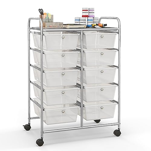 Giantex 10 Drawers Rolling Cart, Classroom Organizers, Storage Cart with Wheels, for Teacher Office Home School Supplies Tool Craft Art Paper, Clear White - color: Clear, size: 10 Drawers Big