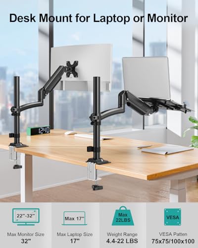 MOUNT PRO Laptop Arm Desk Mount for Max 22lbs 17" Laptop & Max 32" Monitor | Single Monitor Arm with VESA Laptop Tray, Full Motion Laptop Arm with Adjustable Angle, Swivel Notebook Bracket VESA 75/100mm - size: With Pole