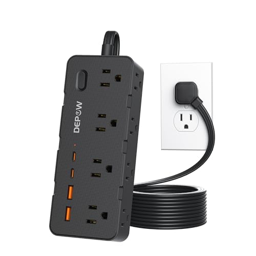 DEPOW Surge Protector Power Strip with 8 Outlets 4 USB Ports (2 USB C),5 FT | Space-Saving Flat Plug, 1625/13A, 1700J, Widely Spaced Outlets, Perfect for Home Office, Dorm, Nightstand, Black - color: Black, size: 5 ft (3 prong plug)