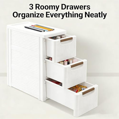 Small Bathroom Storage Cabinet, 3-Drawer Slim Rolling Storage Cart with 4 Casters, Narrow Plastic Storage Drawers for Bathroom Bedroom Kitchen Classroom, Space-Saving Mobile Cabinet