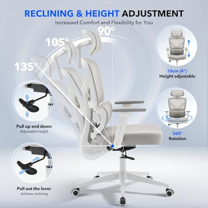 Ergonomic Office Chair Mesh – Adjustable Lumbar 3D Armrests High-Back Desk - color: Grey-p1
