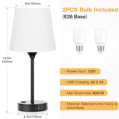 White Bedside Lamps Set 2 for Bedroom - Dimmable Touch, USB C+A, AC Outlet | 14.5" Mini Lamp, 3-Way Dimmable, LED Bulbs Included, White Barrel Fabric Lampshade, Nightstand Light for Guest Room, Kids - color: White