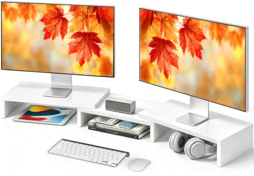 TAVR Dual Monitor Stand Riser, Wooden Computer Monitor Stand for 2 Monitors - color: White