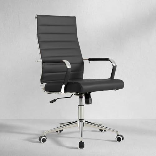 Okeysen Office Desk Chair, Ergonomic Leather Modern Conference Room Chairs, Executive Ribbed Height Adjustable Swivel Rolling Chair for Home Office. (Black) - color: Black