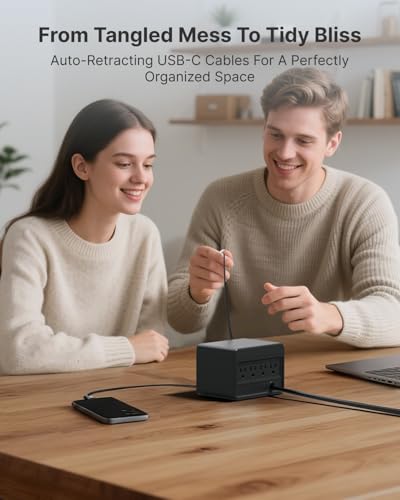 Gitryin 2 Lightning, 2 Type-C Retractable Wall Chargers with 2 USB A Ports and 1 Power Strip, 12-in-1 Desktop Charging Station