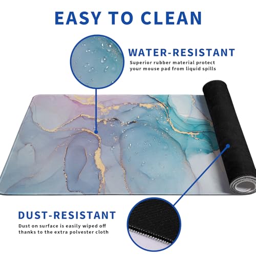 Teal Marble Mouse Pad Abstract Marble Mouse Pad 31.5x11.8 Inch Texture Non-Slip Rubber Base Large Mousepad Stitched Edges Keyboard Mouse Mat Desk Pad for Office and Home - color: Teal Marble