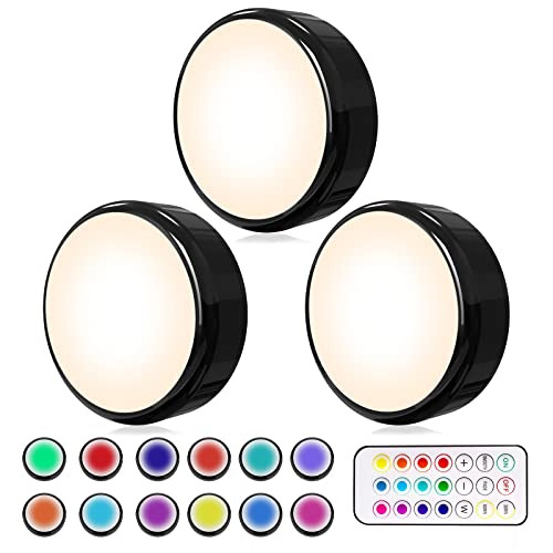 HELPLEX LED Puck Lights with Remote, 3 Pack Color Changing RGBW Stick-On Light, Battery Powered, Dimmable Under Cabinet Lighting with Timer & Memory, Wireless Push Lights for Kitchen & Closet, Black - color: Black, size: 3 Pack