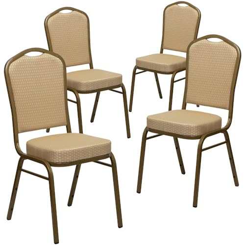 Flash Furniture Hercules Crown Back Stackable Banquet Chair, Beige, 4-Pack | Gold Frame, Fabric Upholstery - color: Beige Patterned Fabric/Gold Frame, size: Set of 4