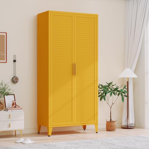 Yellow Metal Storage Cabinet, 61" Tall Louvered Double Doors, Adjustable Shelves,Steel Cabinet with Leveling Feet for Bedroom Home Office Closet Organizer Size：61" H x 27.6" W x 13.8" D - color: Yellow, style: 61"H-Cabinet-FC