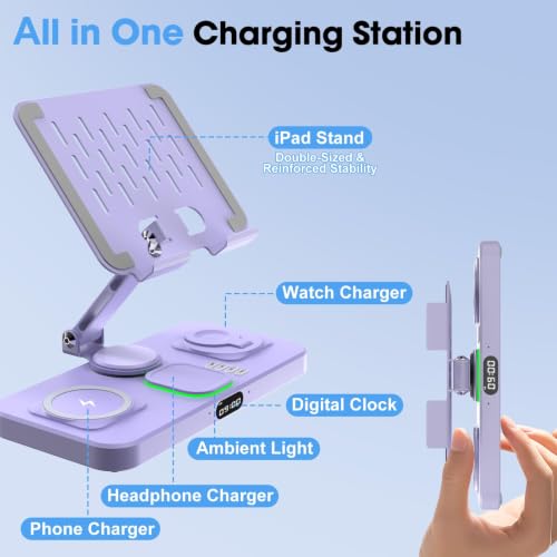 6 in 1 Wireless Charger for Apple Multiple Devices, Charging Station with Clock &7 Color Ambient Light, Foldable Rotate Stand for iPad, for iPhone18/17/16/15, Support for Apple Watch12/11 For AirPods5 - color: Violet
