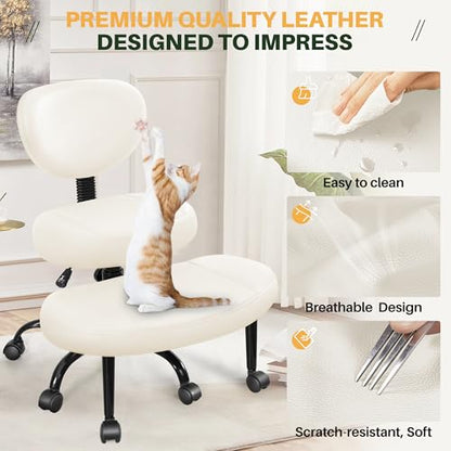 Criss Cross Office Chair - ADHD Cross Legged Chair with Wheels - Adjustable Height Ergonomic Kneeling Desk Chairs for Meditation Yoga Home Office with Backrest, 360°Rotating Footrest -White