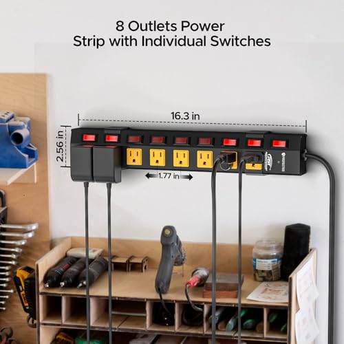 CRST 8-Outlet Metal Power Strip with Individual Switches, 15A/1875W, 6FT | 1.77" Wide Spacing for Bulky Plugs, 1200J Surge Protector Power Strip with Mounting Brackets for Home/Workshop/Garage/School - size: 8 Outlet+6FT