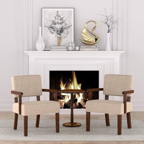 FAGAGA Accent Chair, Armchair with Solid Wood Frame and Legs, Beige - color: Linen Beige, size: One Chair